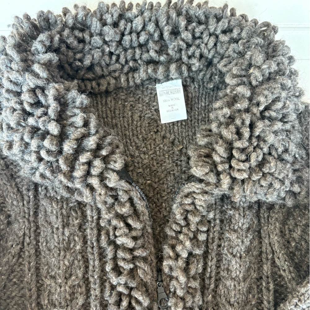 Cardigan Fisherman Full Zip Sweater 100% Wool Made in Ecuador Grayish Green - Picture 5 of 9
